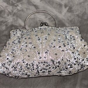 Elegant Silver Beaded Clutch